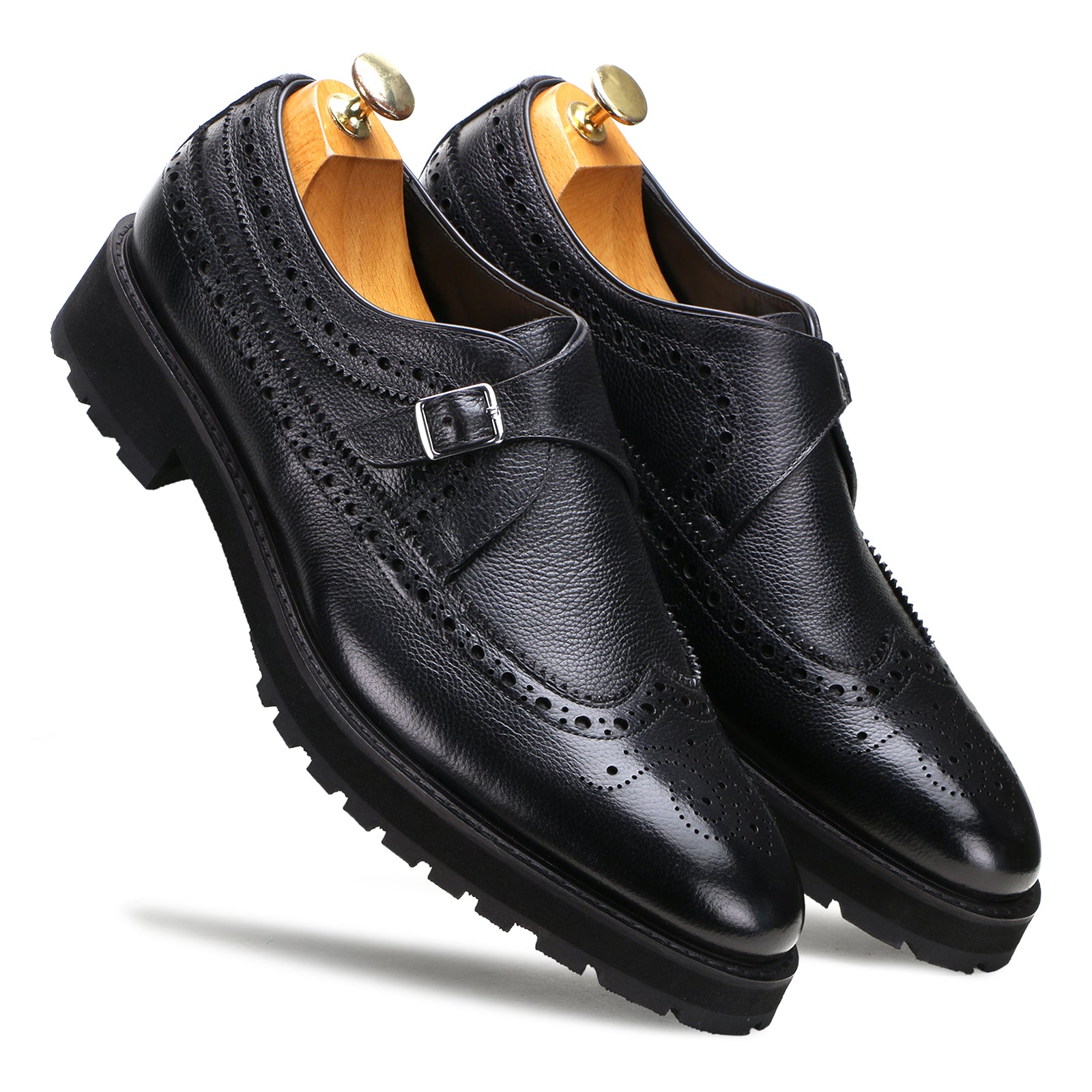 Escaro Royale Stature Wingtip Monk with Thick Sole in Black