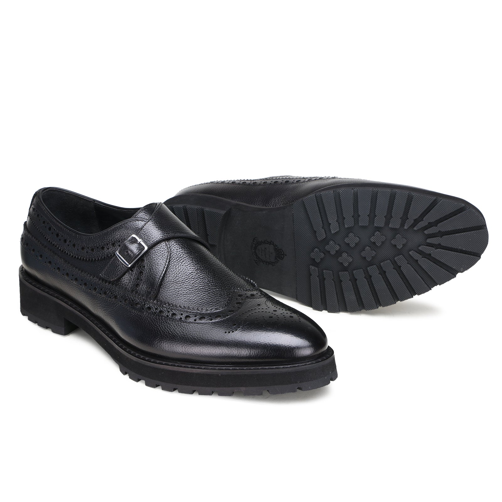 Escaro Royale Stature Wingtip Monk with Thick Sole in Black