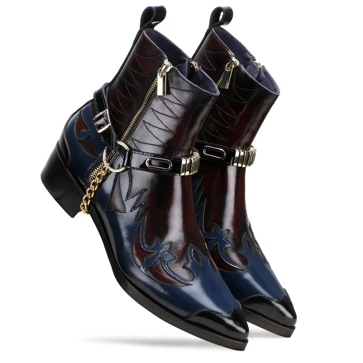 Santiago Goodyear Welted Cowboy Boots in Wine-Blue with Cuban Heel