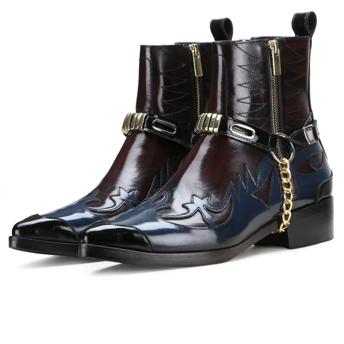 Santiago Goodyear Welted Cowboy Boots in Wine-Blue with Cuban Heel