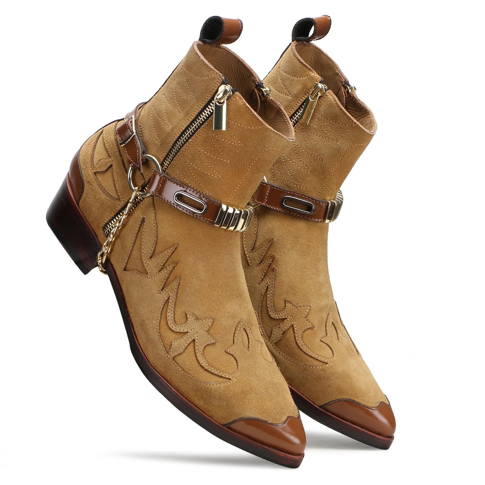 Santiago Goodyear Welted Cowboy Boots in Beige Suede