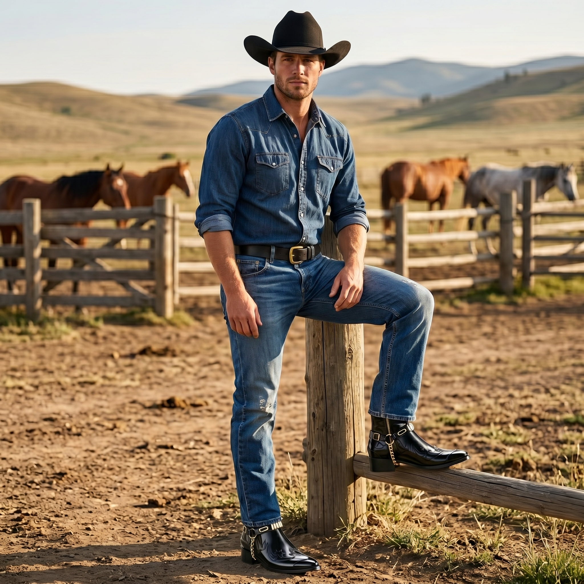 Santiago Goodyear Welted Cowboy Boots in Black with Cuban Heel