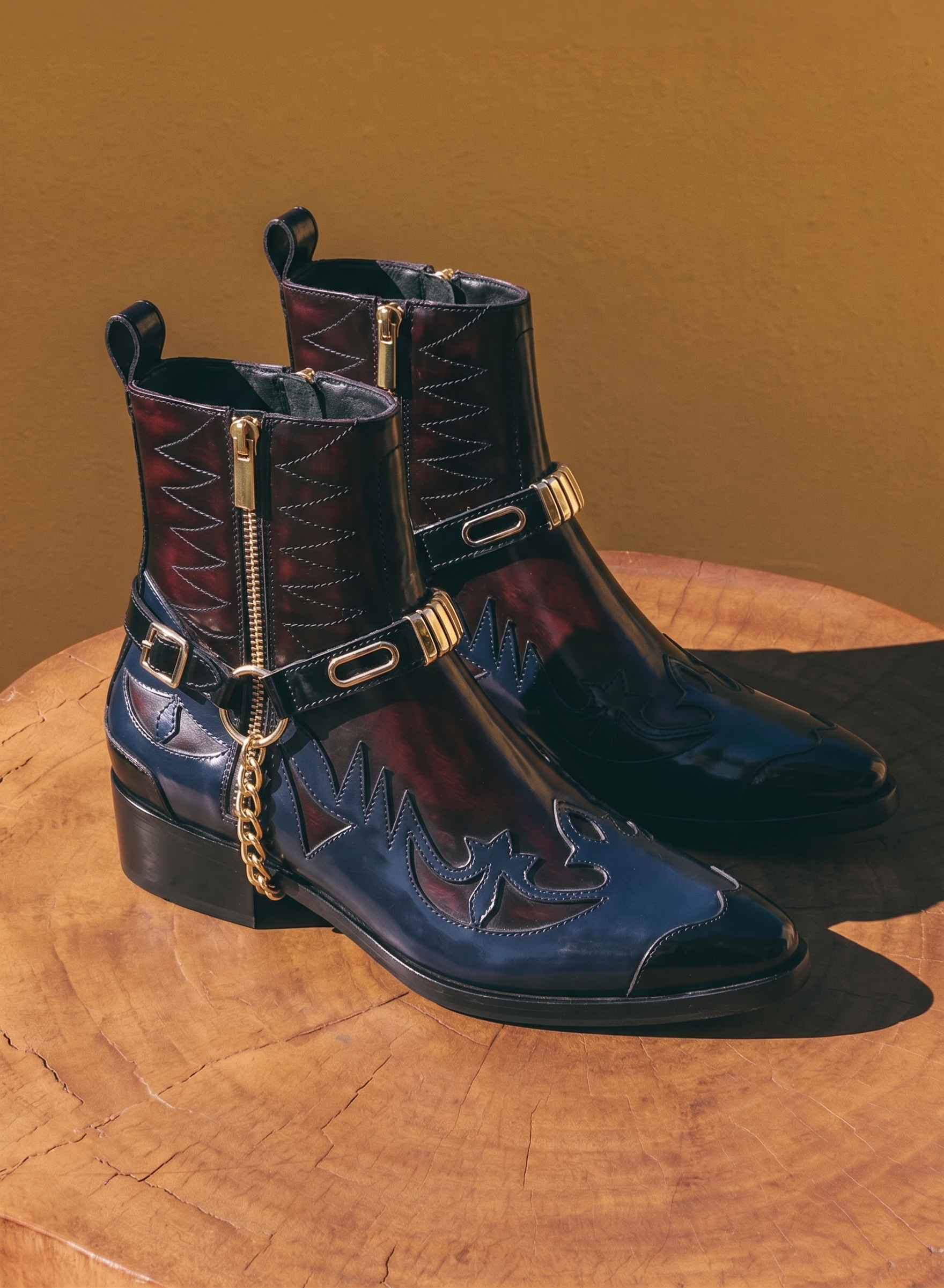 Santiago Goodyear Welted Cowboy Boots in Wine-Blue with Cuban Heel