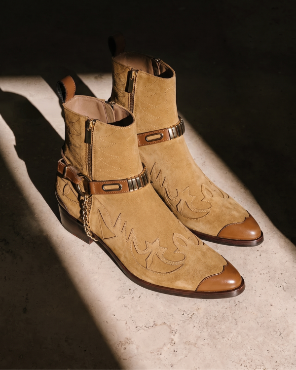 Santiago Goodyear Welted Cowboy Boots in Beige Suede