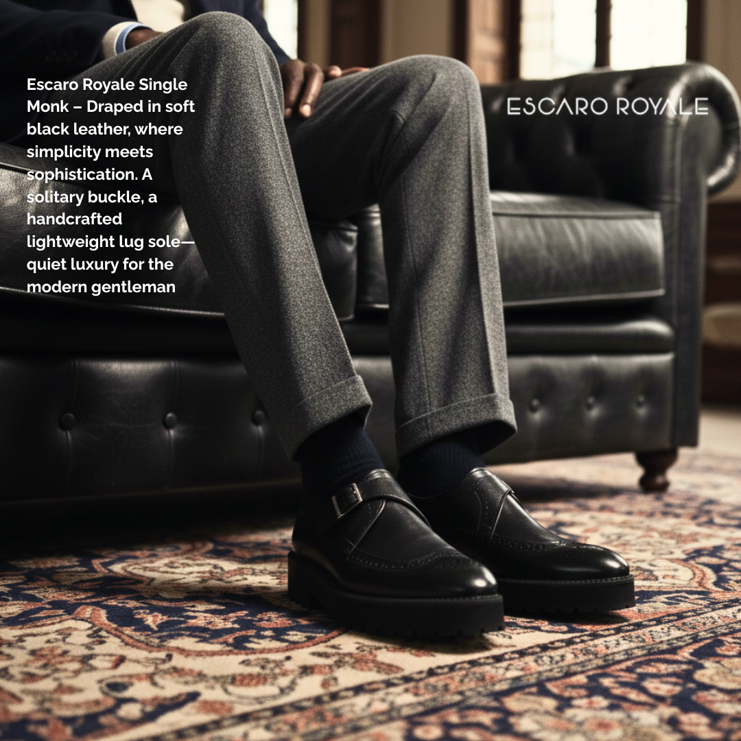 Escaro Royale Stature Wingtip Monk with Thick Sole in Black