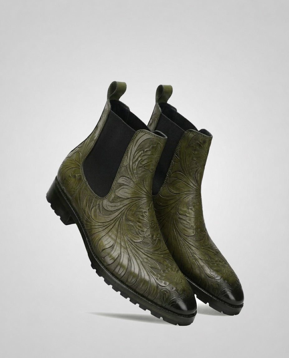 Florentine Handtooled Chelsea Boot in Olive