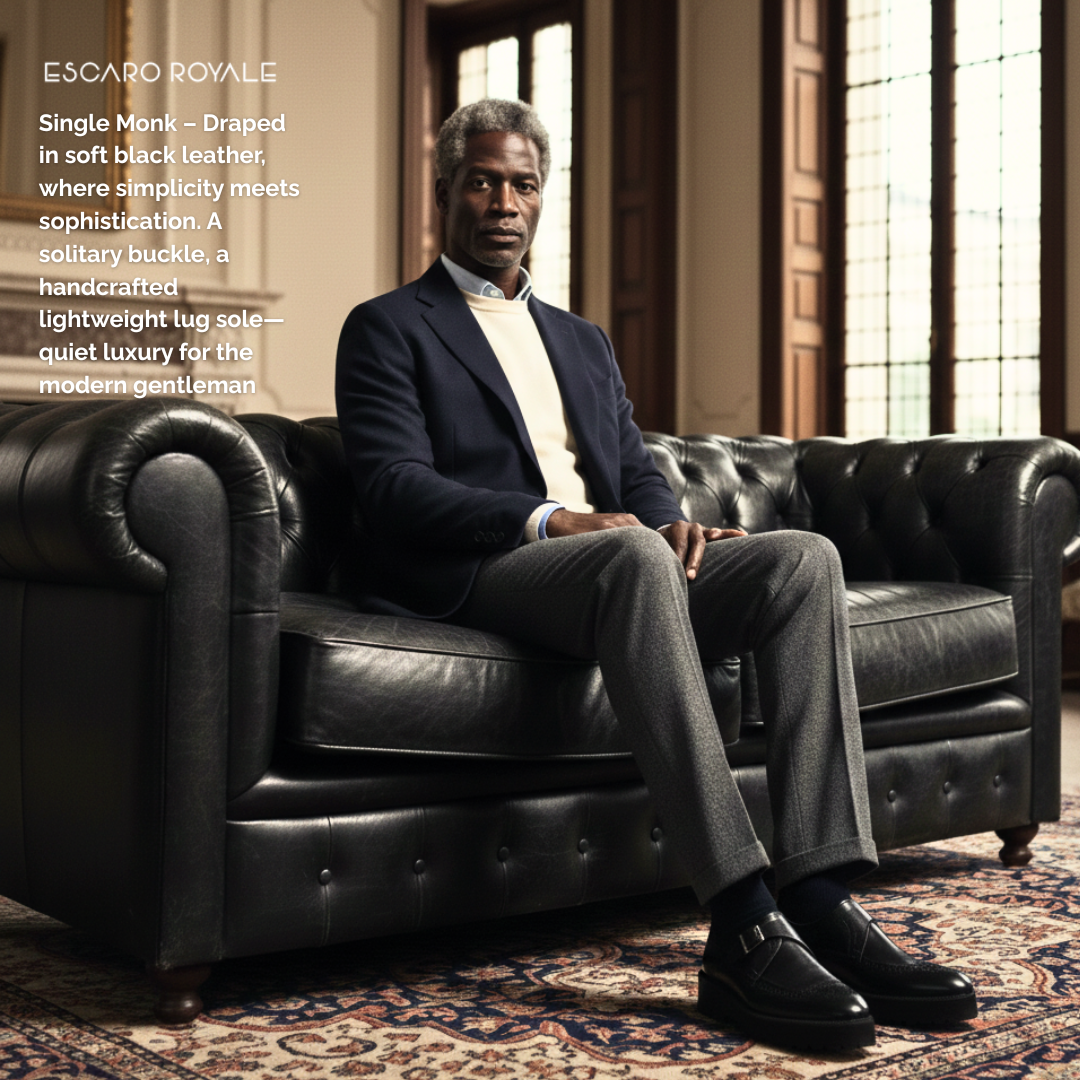 Escaro Royale Stature Wingtip Monk with Thick Sole in Black